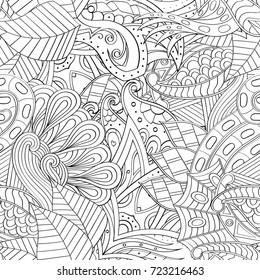 Tracery seamless pattern. Mehndi design. Ethnic monochrome binary doodle texture. Curved doodling black and white background. Vector