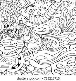 Tracery seamless pattern. Mehndi design. Ethnic monochrome binary doodle texture. Curved doodling black and white background. Vector