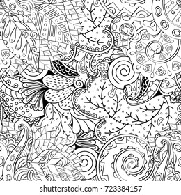 Tracery seamless pattern. Mehndi design. Ethnic monochrome binary doodle texture. Curved doodling black and white background. Vector