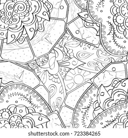 Tracery seamless pattern. Mehndi design. Ethnic monochrome binary doodle texture. Curved doodling black and white background. Vector