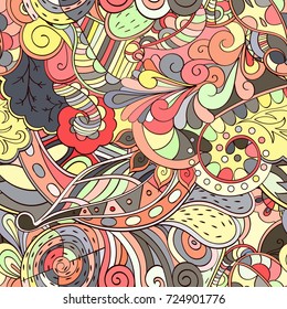 Tracery seamless pattern. Mehndi design. Ethnic colorful doodle texture. Curved doodling background. Vector