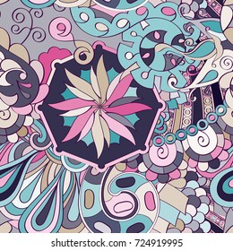 Tracery seamless pattern. Mehndi design. Ethnic colorful doodle texture. Curved doodling background. Vector