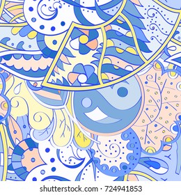 Tracery seamless pattern. Mehndi design. Ethnic colorful doodle texture. Curved doodling background. Vector