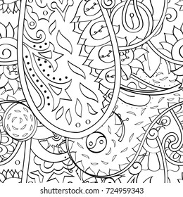 Tracery seamless pattern. Mehndi design. Ethnic monochrome binary doodle texture. Curved doodling black and white background. Vector