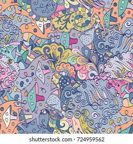 Tracery seamless pattern. Mehndi design. Ethnic colorful doodle texture. Curved doodling background. Vector