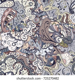 Tracery seamless pattern. Mehndi design. Ethnic colorful doodle texture. Curved doodling background. Vector