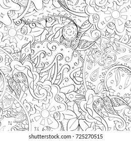 Tracery seamless pattern. Mehndi design. Ethnic monochrome binary doodle texture. Curved doodling black and white background. Vector