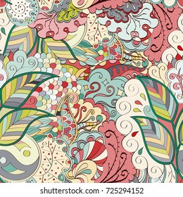 Tracery seamless pattern. Mehndi design. Ethnic colorful doodle texture. Curved doodling background. Vector