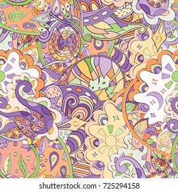 Tracery seamless pattern. Mehndi design. Ethnic colorful doodle texture. Curved doodling background. Vector