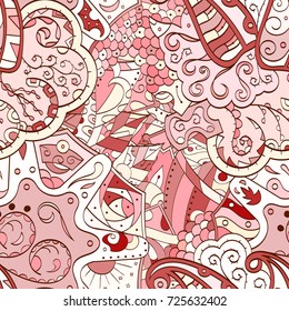 Tracery seamless pattern. Mehndi design. Ethnic colorful doodle texture. Curved doodling background. Vector