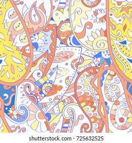 Tracery seamless pattern. Mehndi design. Ethnic colorful doodle texture. Curved doodling background. Vector
