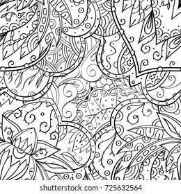 Tracery seamless pattern. Mehndi design. Ethnic monochrome binary doodle texture. Curved doodling black and white background. Vector