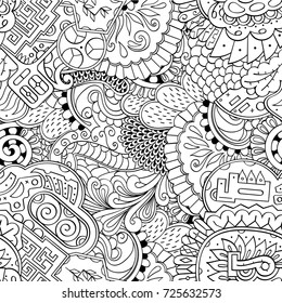 Tracery seamless pattern. Mehndi design. Ethnic monochrome binary doodle texture. Curved doodling black and white background. Vector