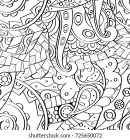 Tracery seamless pattern. Mehndi design. Ethnic monochrome binary doodle texture. Curved doodling black and white background. Vector