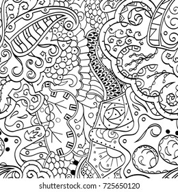 Tracery seamless pattern. Mehndi design. Ethnic monochrome binary doodle texture. Curved doodling black and white background. Vector