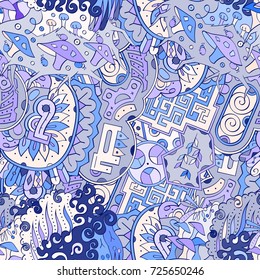 Tracery seamless pattern. Mehndi design. Ethnic colorful doodle texture. Curved doodling background. Vector