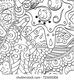 Tracery seamless pattern. Mehndi design. Ethnic monochrome binary doodle texture. Curved doodling black and white background. Vector