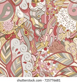 Tracery seamless pattern. Mehndi design. Ethnic colorful doodle texture. Curved doodling background. Vector