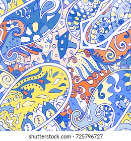 Tracery seamless pattern. Mehndi design. Ethnic colorful doodle texture. Curved doodling background. Vector