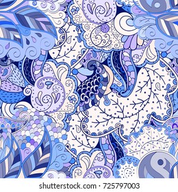 Tracery seamless pattern. Mehndi design. Ethnic colorful doodle texture. Curved doodling background. Vector