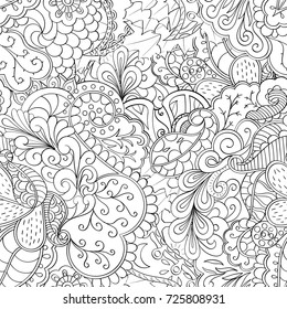 Tracery seamless pattern. Mehndi design. Ethnic monochrome binary doodle texture. Curved doodling black and white background. Vector