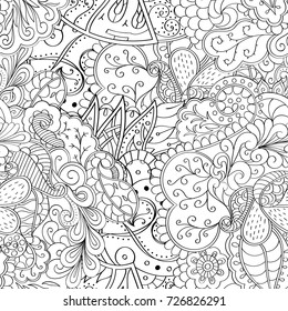 Tracery seamless pattern. Mehndi design. Ethnic monochrome binary doodle texture. Curved doodling black and white background. Vector