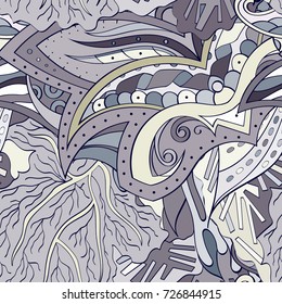 Tracery seamless pattern. Mehndi design. Ethnic colorful doodle texture. Curved doodling background. Vector