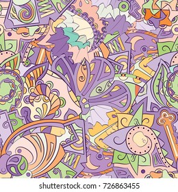 Tracery seamless pattern. Mehndi design. Ethnic colorful doodle texture. Curved doodling background. Vector