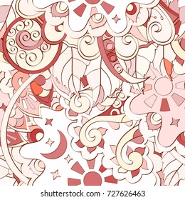 Tracery seamless pattern. Mehndi design. Ethnic colorful doodle texture. Curved doodling background. Vector