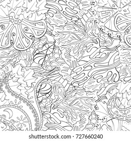 Tracery seamless pattern. Mehndi design. Ethnic monochrome binary doodle texture. Curved doodling black and white background. Vector