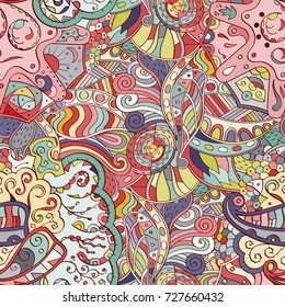Tracery seamless pattern. Mehndi design. Ethnic colorful doodle texture. Curved doodling background. Vector