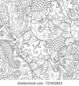 Tracery seamless pattern. Mehndi design. Ethnic monochrome binary doodle texture. Curved doodling black and white background. Vector