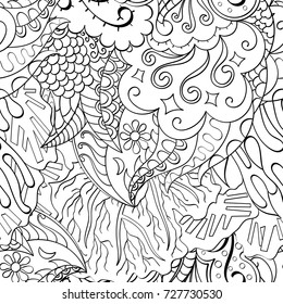 Tracery seamless pattern. Mehndi design. Ethnic monochrome binary doodle texture. Curved doodling black and white background. Vector