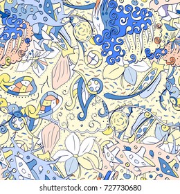 Tracery seamless pattern. Mehndi design. Ethnic colorful doodle texture. Curved doodling background. Vector