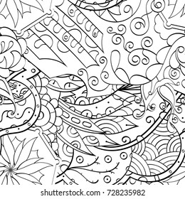 Tracery seamless pattern. Mehndi design. Ethnic monochrome binary doodle texture. Curved doodling black and white background. Vector