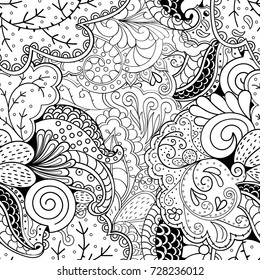Tracery seamless pattern. Mehndi design. Ethnic monochrome binary doodle texture. Curved doodling black and white background. Vector