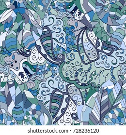 Tracery seamless pattern. Mehndi design. Ethnic colorful doodle texture. Curved doodling background. Vector