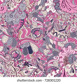 Tracery seamless pattern. Mehndi design. Ethnic colorful doodle texture. Curved doodling background. Vector
