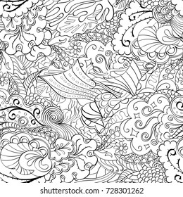 Tracery seamless pattern. Mehndi design. Ethnic monochrome binary doodle texture. Curved doodling black and white background. Vector