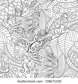 Tracery seamless pattern. Mehndi design. Ethnic monochrome binary doodle texture. Curved doodling black and white background. Vector