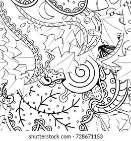 Tracery seamless pattern. Mehndi design. Ethnic monochrome binary doodle texture. Curved doodling black and white background. Vector
