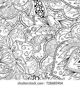 Tracery seamless pattern. Mehndi design. Ethnic monochrome binary doodle texture. Curved doodling black and white background. Vector