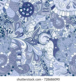 Tracery seamless pattern. Mehndi design. Ethnic colorful doodle texture. Curved doodling background. Vector