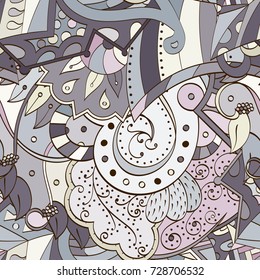 Tracery seamless pattern. Mehndi design. Ethnic colorful doodle texture. Curved doodling background. Vector