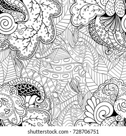 Tracery seamless pattern. Mehndi design. Ethnic monochrome binary doodle texture. Curved doodling black and white background. Vector