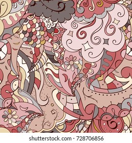 Tracery seamless pattern. Mehndi design. Ethnic colorful doodle texture. Curved doodling background. Vector