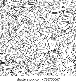 Tracery seamless pattern. Mehndi design. Ethnic monochrome binary doodle texture. Curved doodling black and white background. Vector