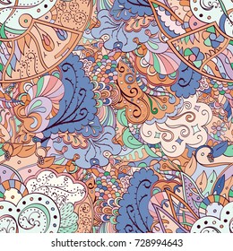 Tracery seamless pattern. Mehndi design. Ethnic colorful doodle texture. Curved doodling background. Vector