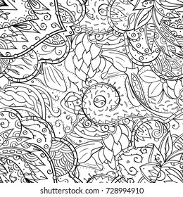 Tracery seamless pattern. Mehndi design. Ethnic monochrome binary doodle texture. Curved doodling black and white background. Vector