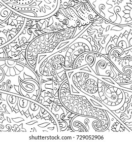 Tracery seamless pattern. Mehndi design. Ethnic monochrome binary doodle texture. Curved doodling black and white background. Vector